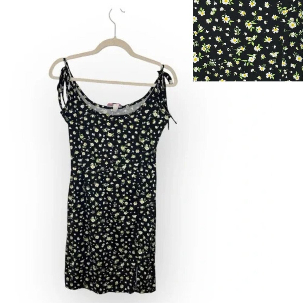 Vintage Y2K Discreet Black Daisy Ditsy Floral Mini Dress Indie Romantic Medium